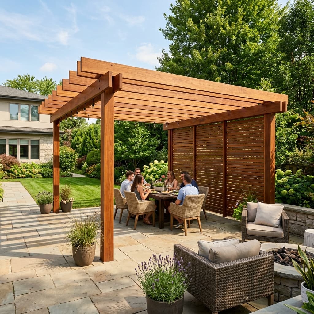 Modern pergola with hardwood beams