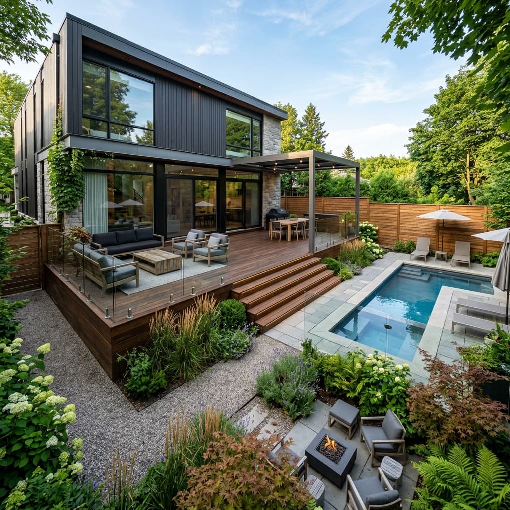 Luxury Los Angeles backyard with hardwood deck and pergola